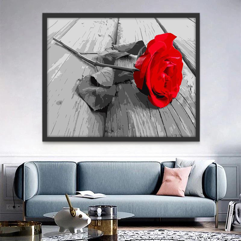 Rosa Roja con Hojas Grises sobre Madera Pintar por Números