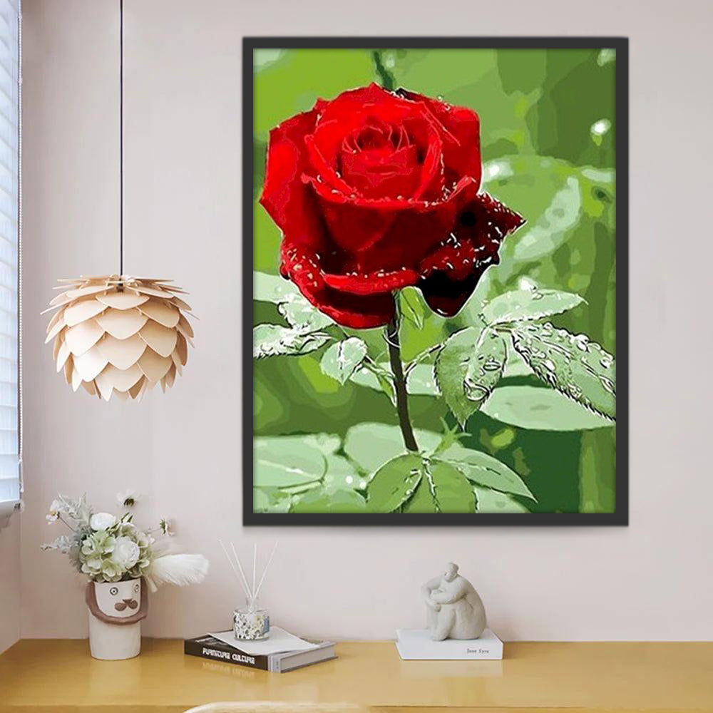 Rosa Roja con Hojas Verdes y Gotas de Agua Pintar por Números