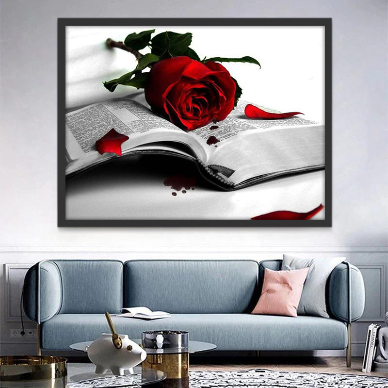 Rosa Roja sobre Libro Abierto Gris Pintar por Números