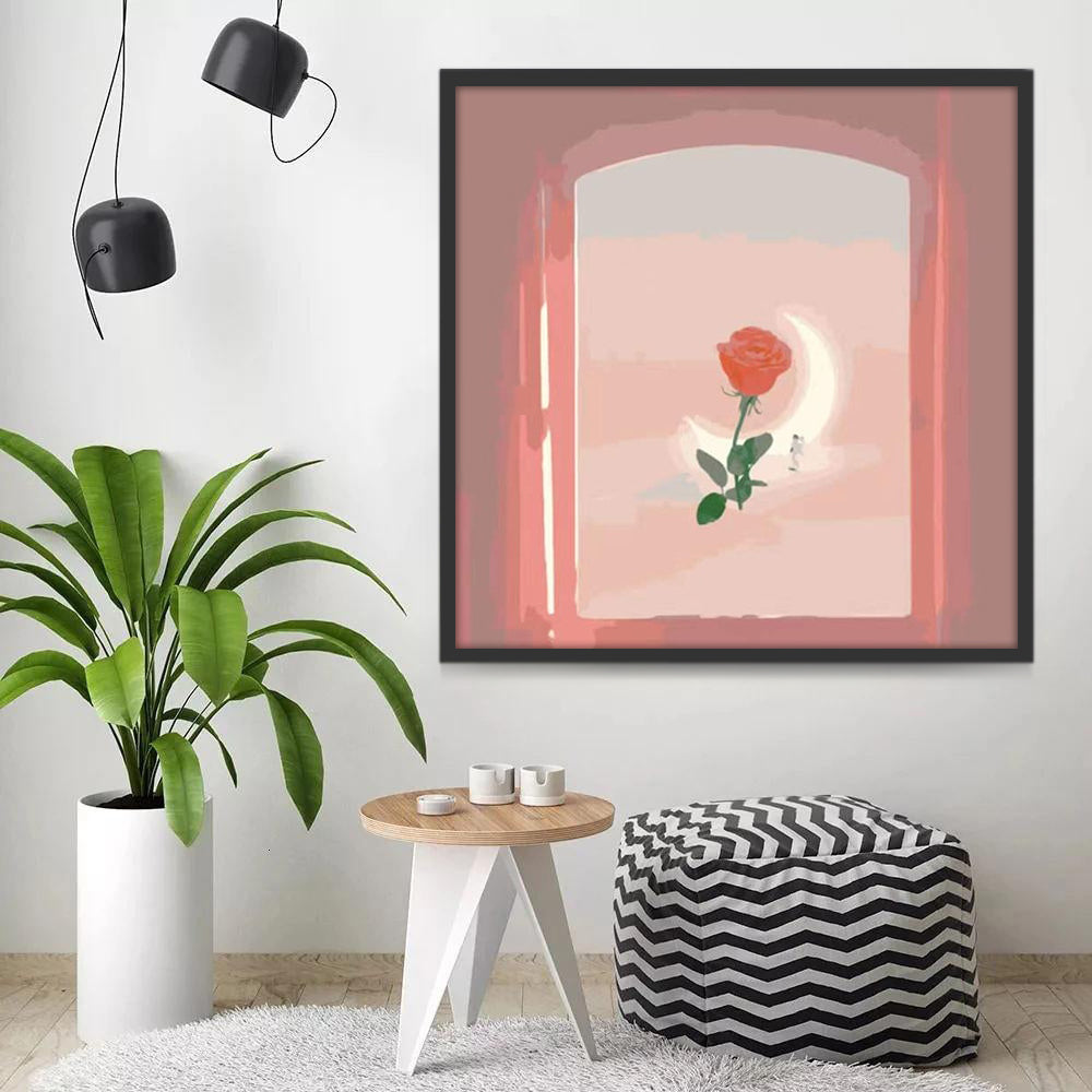 Rosa Roja y La Luna en Ventana Rosada Pintar por Números