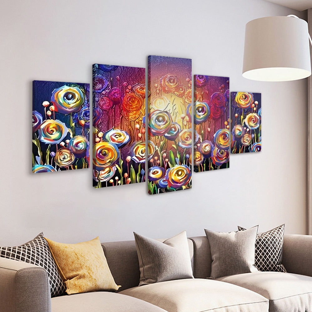 Rosas Abstractas de Color Arcoíris y Luz Amarilla 5 Partes Pintar por Números