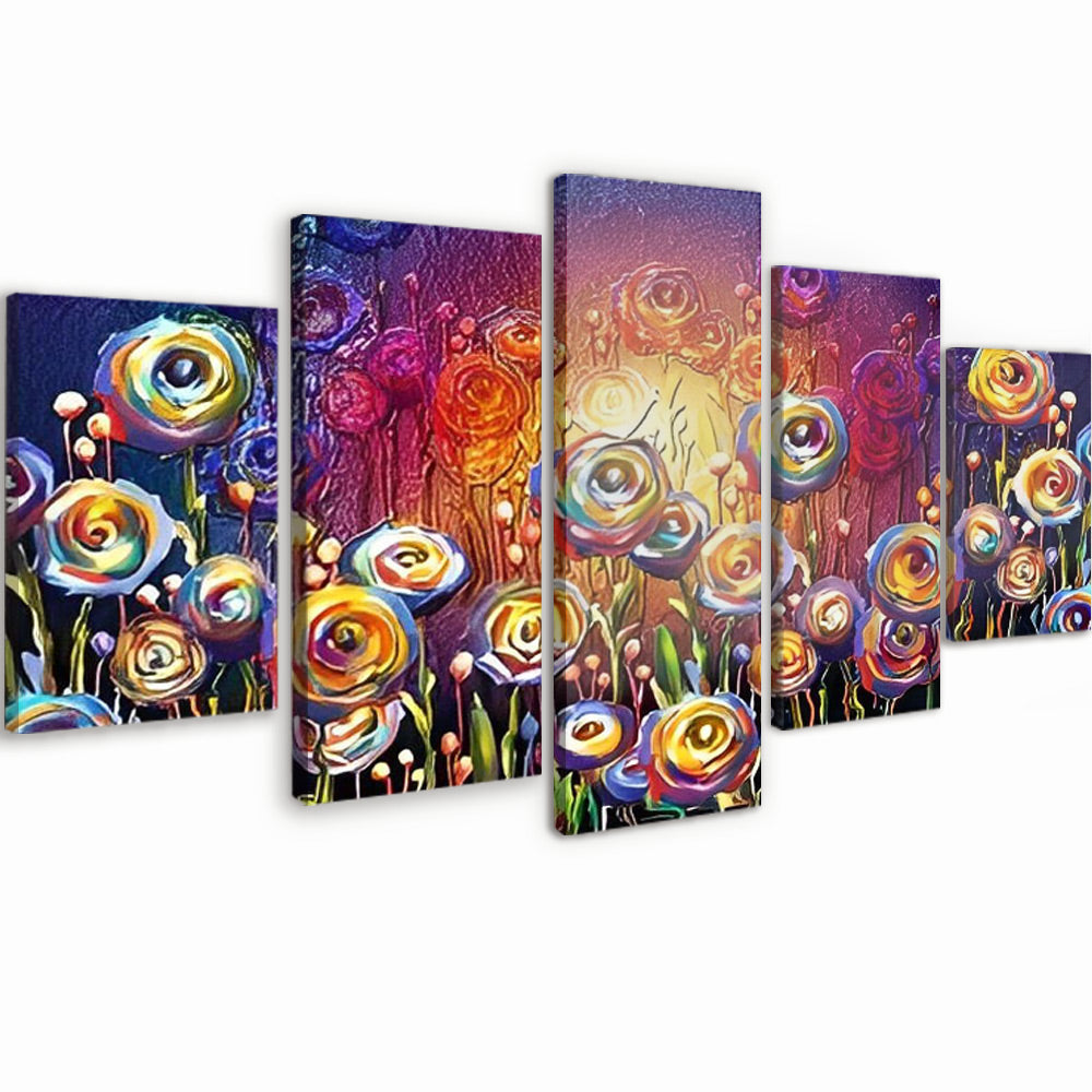 Rosas Abstractas de Color Arcoíris y Luz Amarilla 5 Partes Pintar por Números