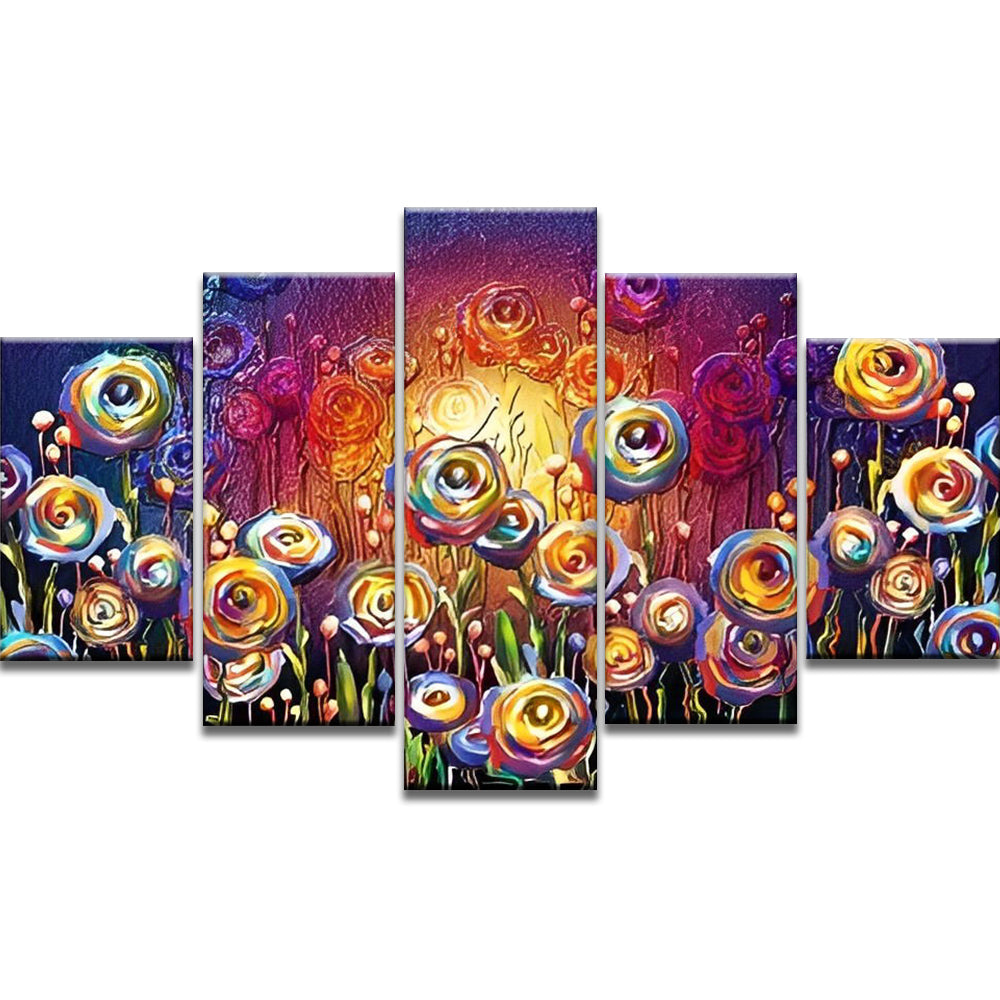 Rosas Abstractas de Color Arcoíris y Luz Amarilla 5 Partes Pintar por Números