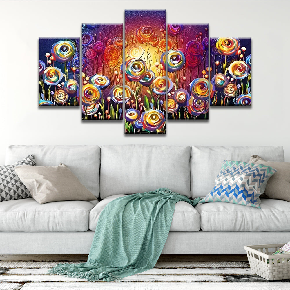 Rosas Abstractas de Color Arcoíris y Luz Amarilla 5 Partes Pintar por Números