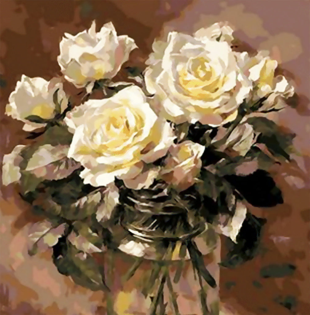 Rosas Blancas Florecientes en Botella de Vidrio Pintar por Números