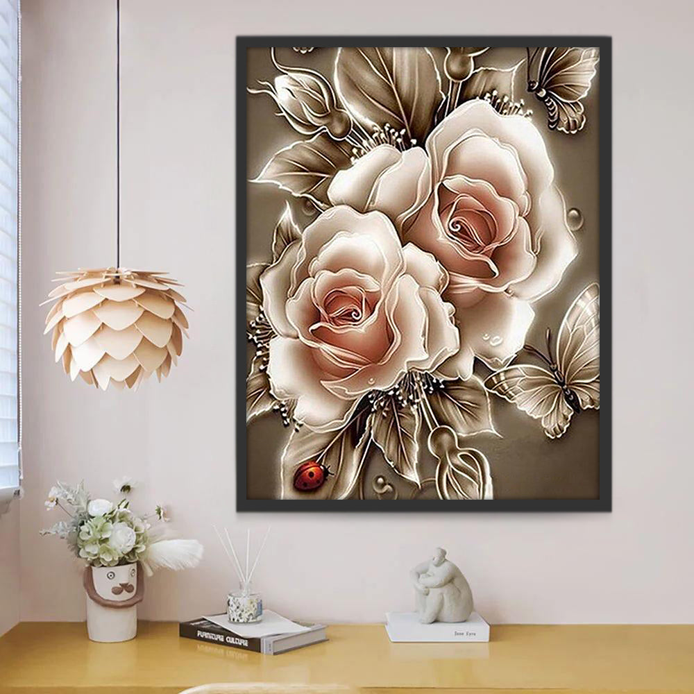Rosas Blancas y Mariposas y Mariquita con Siete Estrellas Pintar por Números