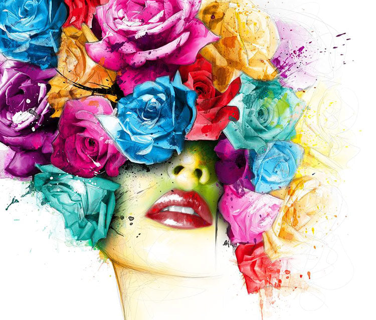 Rosas Coloridas y Mujer Bella con Labios Rojos Pintar por Números