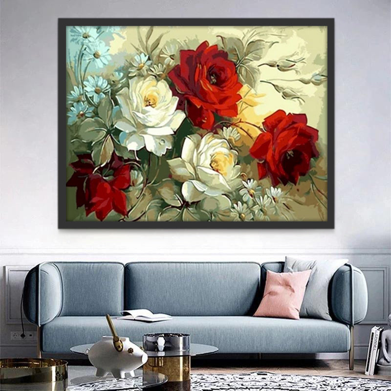 Rosas de Color Blanco y Rojo con Camomilas Pintar por Números