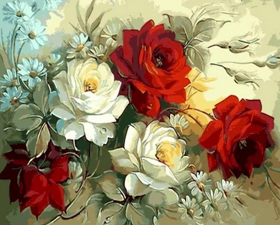 Rosas de Color Blanco y Rojo con Camomilas Pintar por Números