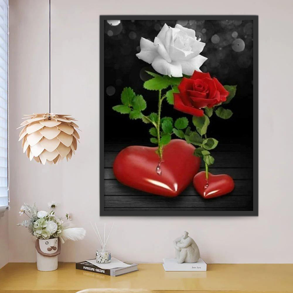 Rosas de Color Blanco y Rojo sobre Corazones Pintar por Números
