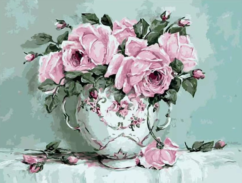 Rosas de Color Rosado Claro en Florero Blanco de Porcelana Pintar por Números