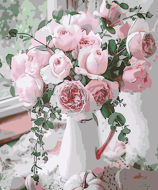 Rosas de Color Rosado Claro en Florero Blanco Pintar por Números