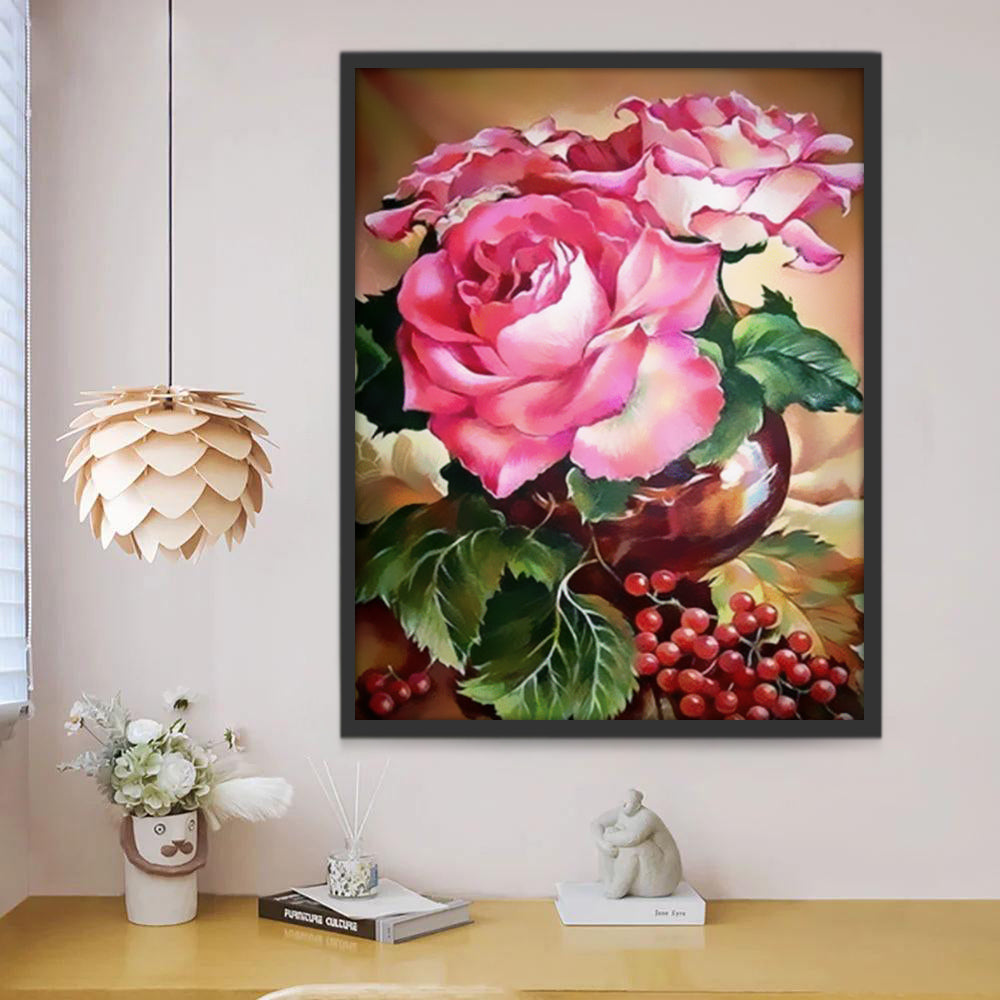 Rosas de Color Rosado en Florero Junto con Uvas Moradas Pintar por Números