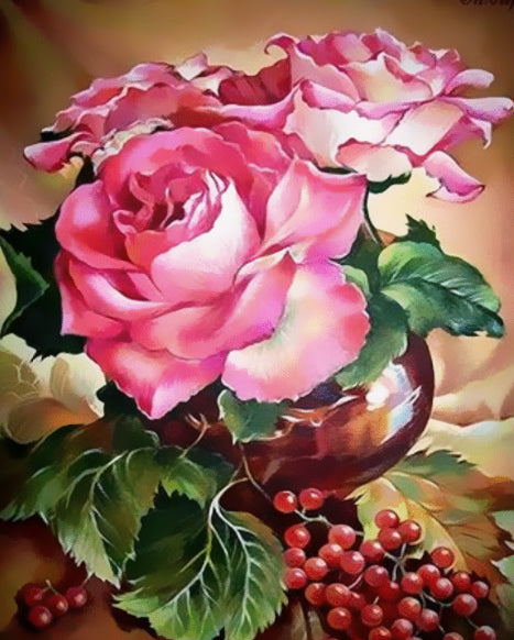 Rosas de Color Rosado en Florero Junto con Uvas Moradas Pintar por Números