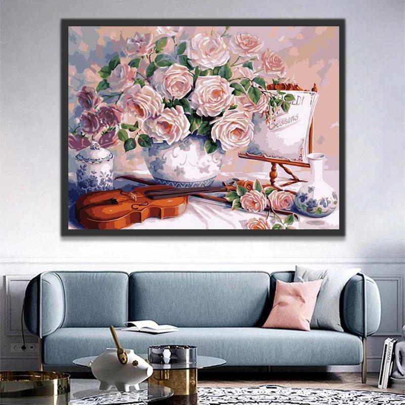 Rosas en Jarrón de Porcelana con Violín sobre Mesa Pintar por Números