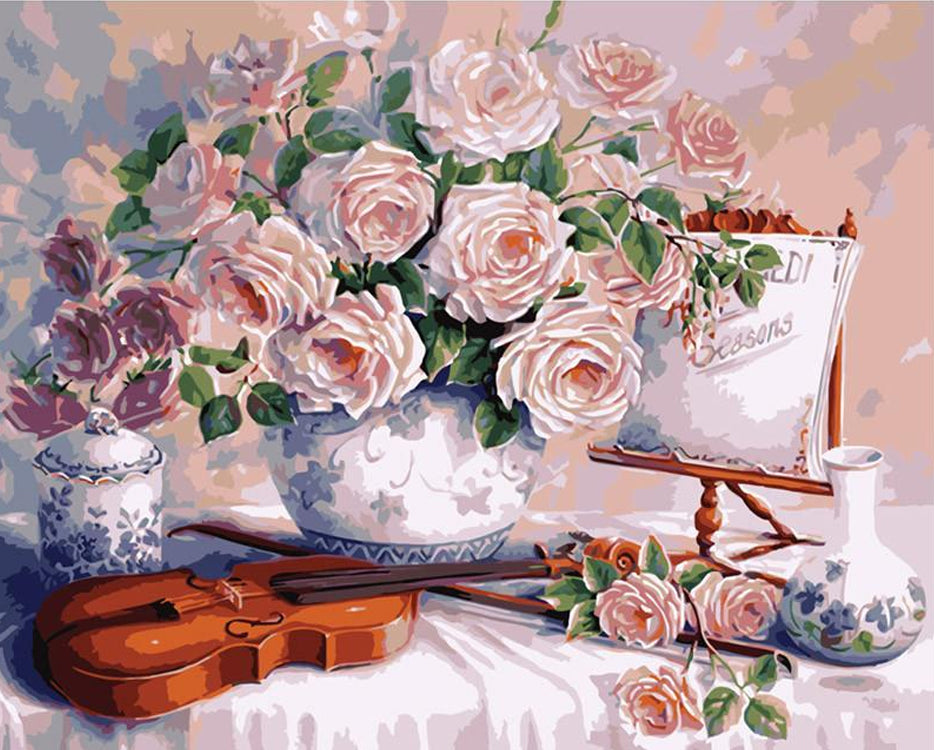 Rosas en Jarrón de Porcelana con Violín sobre Mesa Pintar por Números