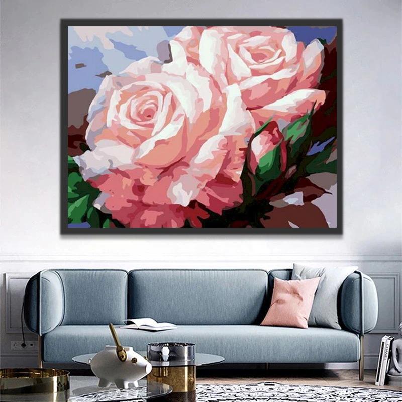 Rosas Hermosas de Color Rosado Claro Pintadas al Óleo Pintar por Números