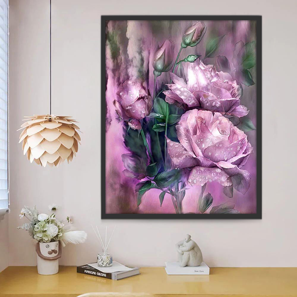 Rosas Moradas con Gotas de Agua y Capullos Pintar por Números