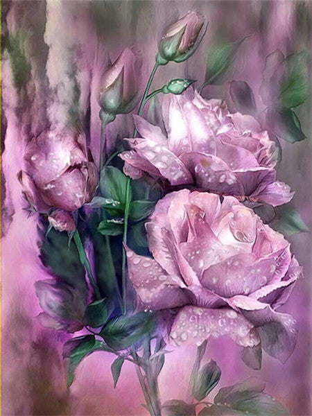 Rosas Moradas con Gotas de Agua y Capullos Pintar por Números