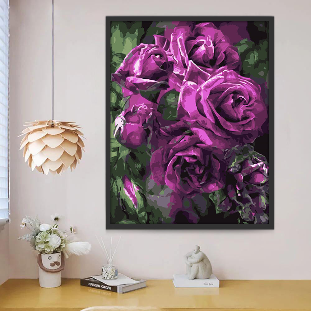 Rosas Moradas de Hojas Verdes Pintadas al Óleo Pintar por Números