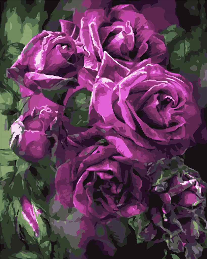 Rosas Moradas de Hojas Verdes Pintadas al Óleo Pintar por Números