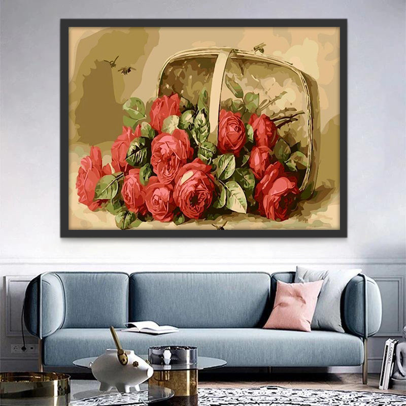 Rosas Rojas con Hojas Verdes en Cesta Caída Pintar por Números
