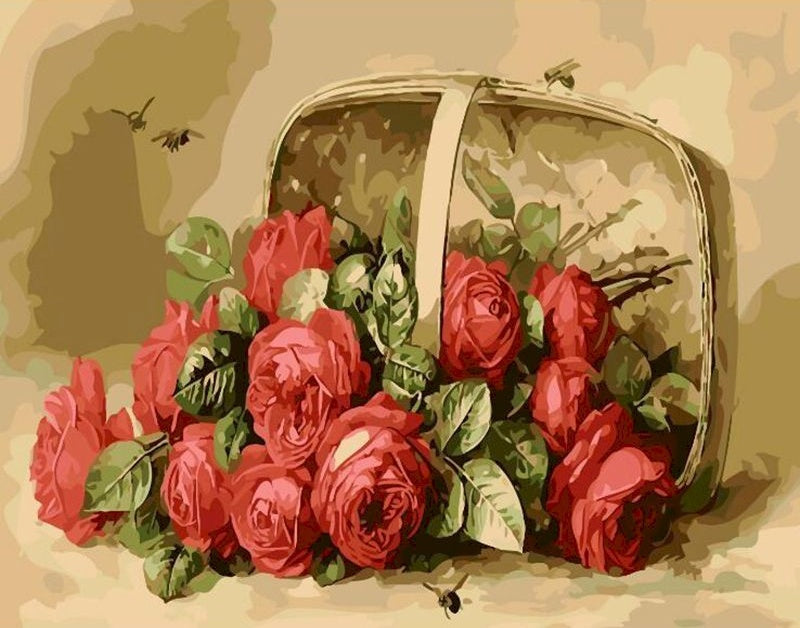 Rosas Rojas con Hojas Verdes en Cesta Caída Pintar por Números