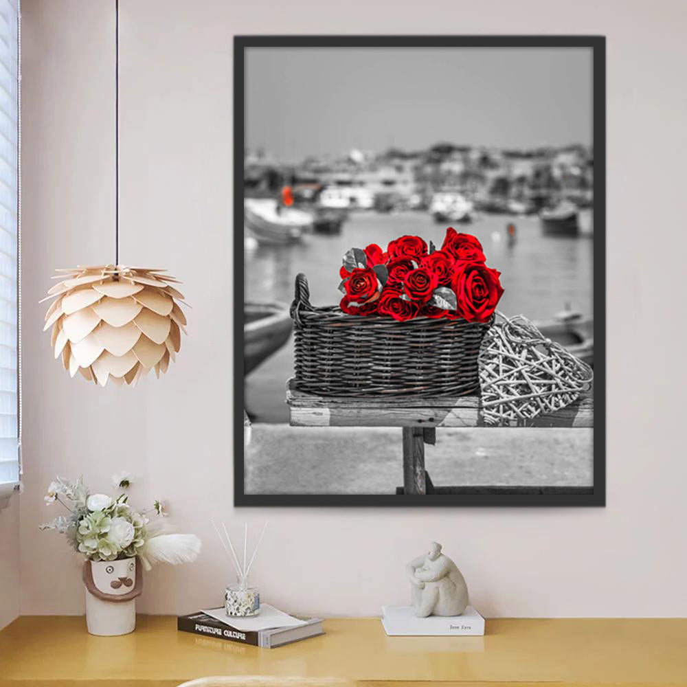 Rosas Rojas en Cesta con Fondo de Pueblo Pintar por Números