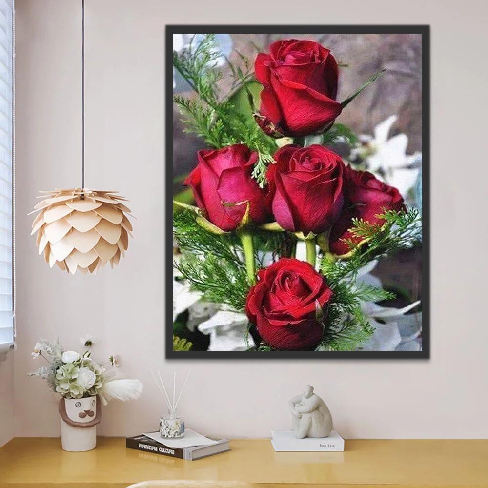 Rosas Rojas Florecientes con Hojas Verdes Pintar por Números
