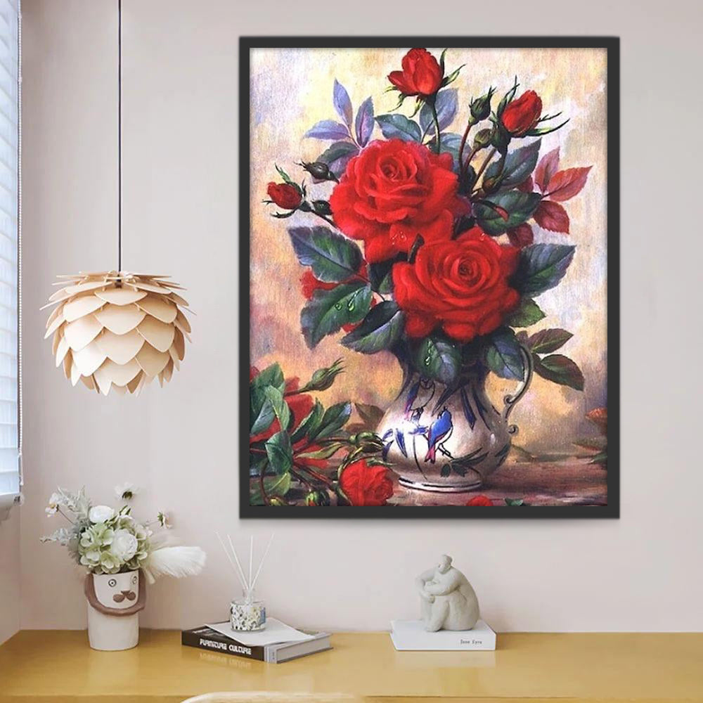Rosas Rojas Hermosas en Florero de Porcelana Pintar por Números
