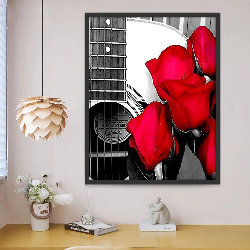 Rosas Rojas sobre Guitarra en Blanco y Negro Pintar por Números