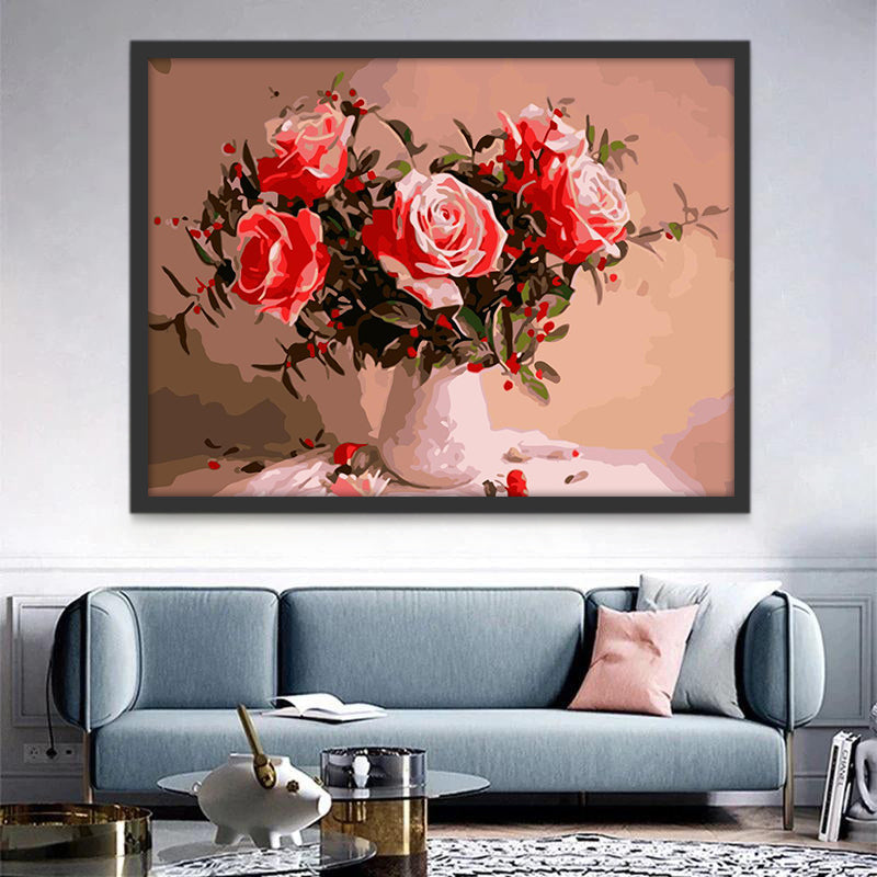 Rosas Rojas y Bayas Rojas en Florero Blanco Pintar por Números