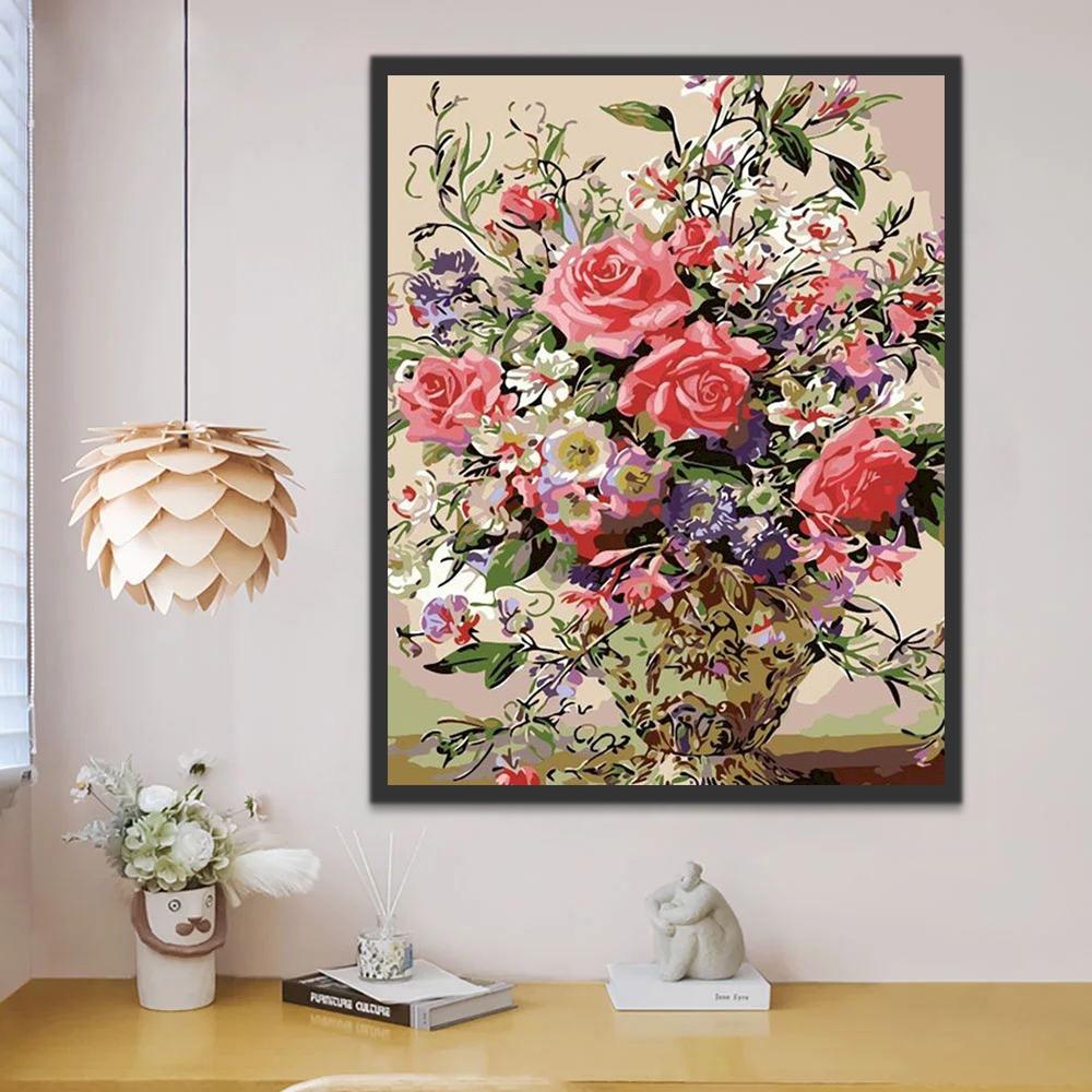 Rosas Rojas y Flores Pequeñas en Florero Hermoso Pintar por Números