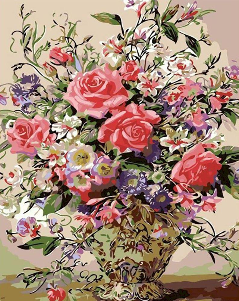Rosas Rojas y Flores Pequeñas en Florero Hermoso Pintar por Números