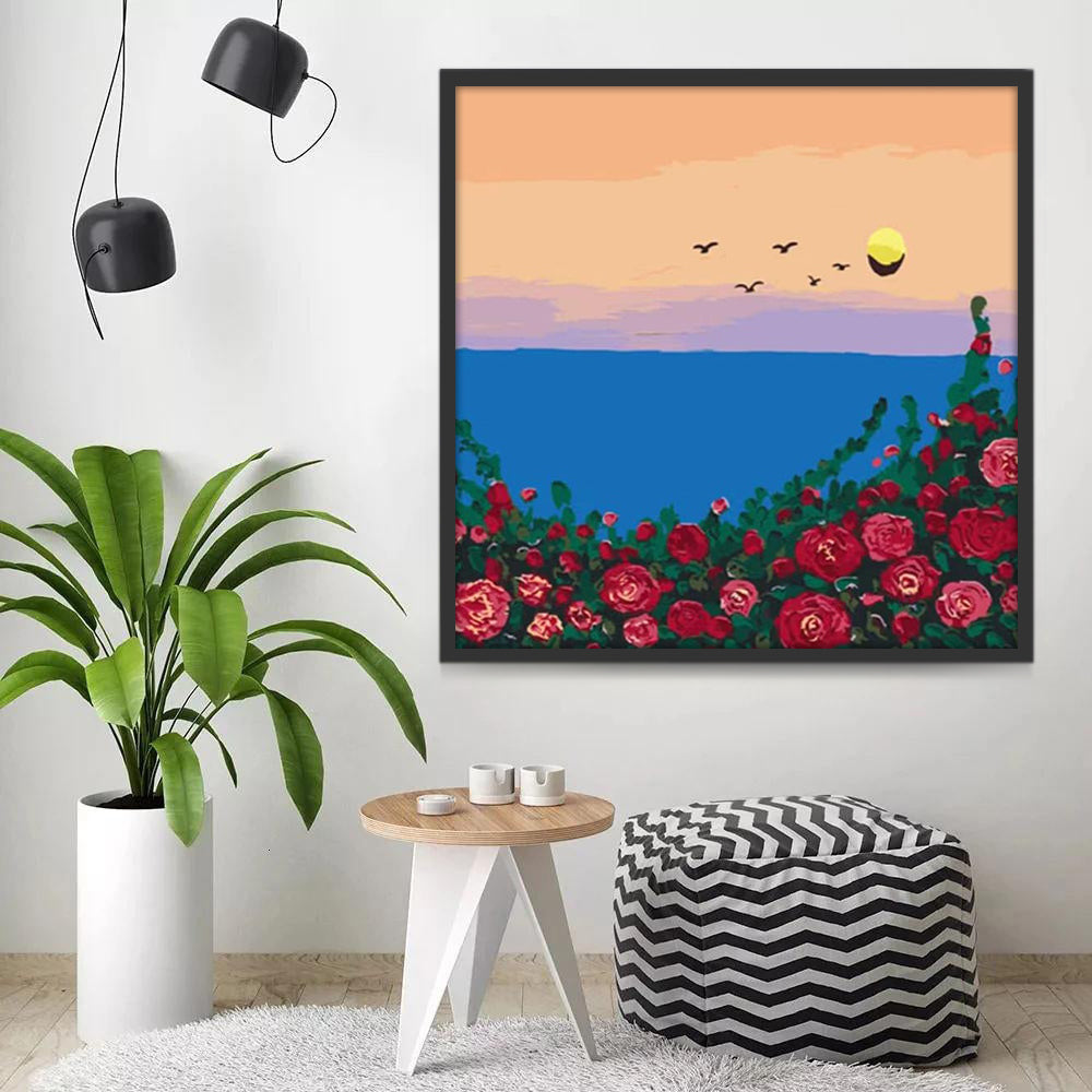 Rosas Rojas y Pájaros y Mar Azul al Atardecer Pintar por Números
