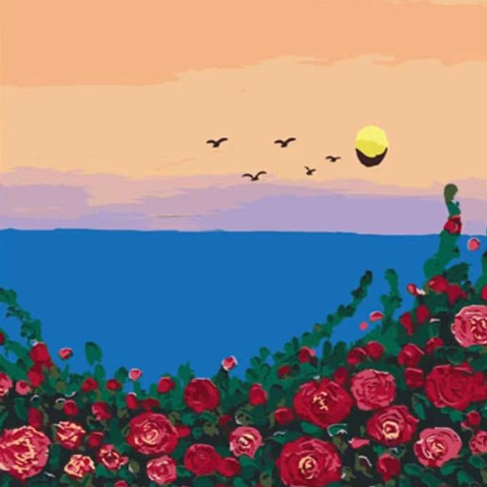 Rosas Rojas y Pájaros y Mar Azul al Atardecer Pintar por Números