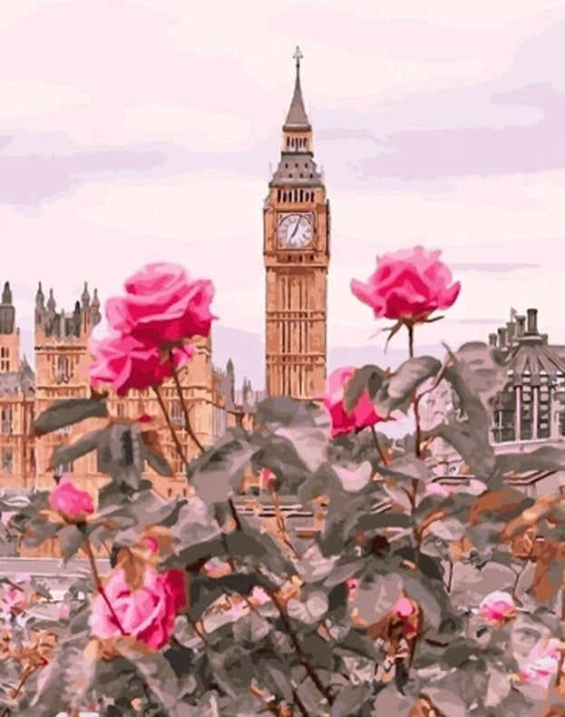 Rosas Rosadas con Fondo de Gran Ben Londres Pintar por Números