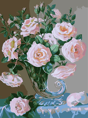 Rosas Rosadas en Florero de Vidrio sobre Mesa Azul Pintar por Números