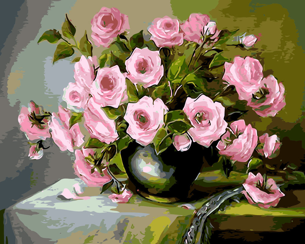 Rosas Rosadas en Florero Negro sobre Mesa Pintar por Números