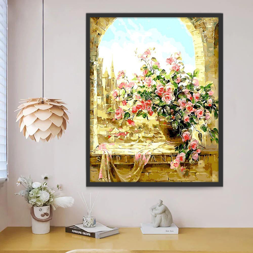 Rosas Rosadas en Florero sobre Alféizar de Castillo Pintar por Números