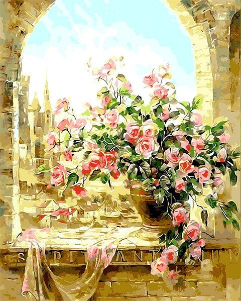 Rosas Rosadas en Florero sobre Alféizar de Castillo Pintar por Números