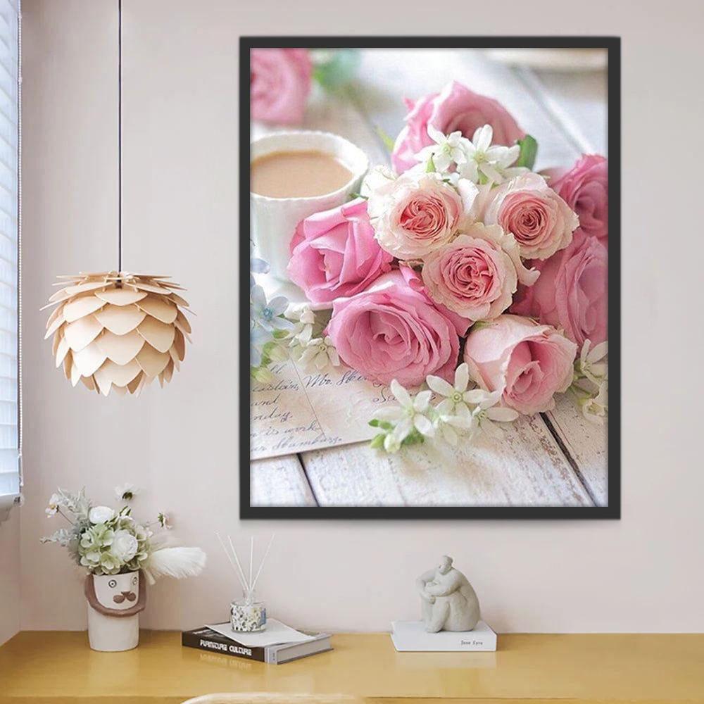 Rosas Rosadas y Taza de Café sobre Mesa Pintar por Números