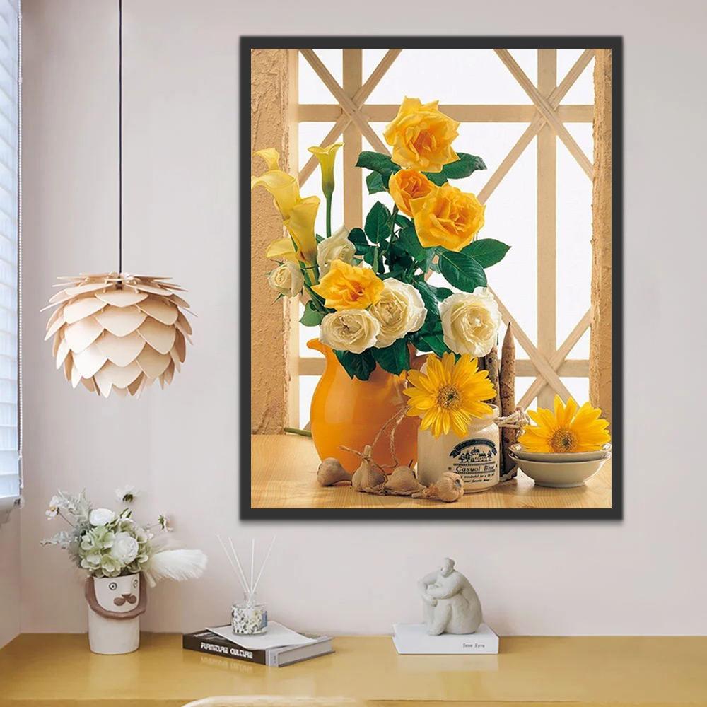 Rosas y Flor de Calla en Florero Amarillo Pintar por Números