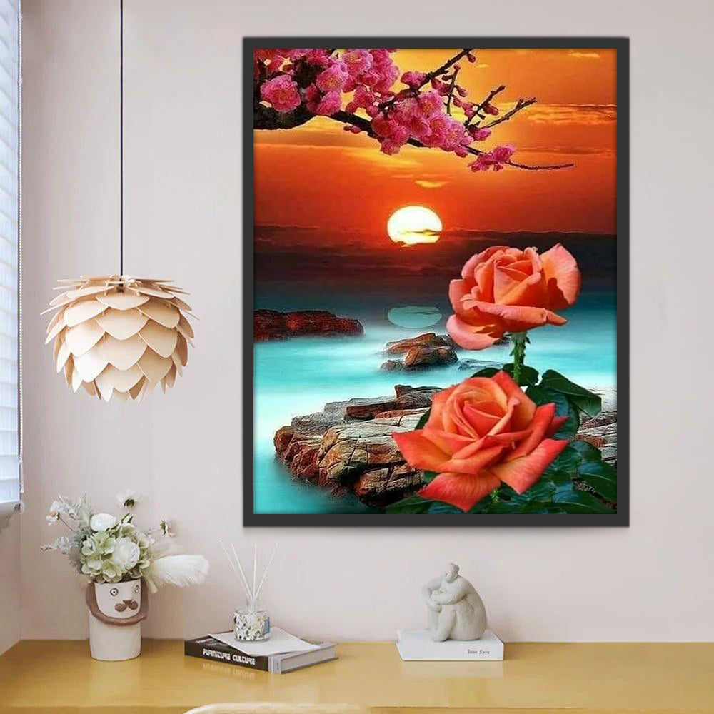 Rosas y Flores de Melocotón y Puesta del Sol Pintar por Números
