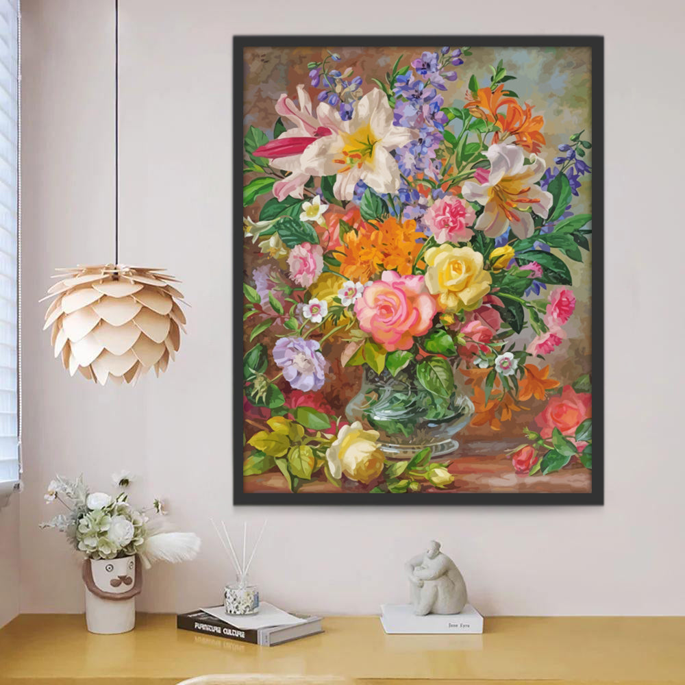 Rosas y Lirios y Flores Coloridas en Jarrón de Cristal Pintar por Números