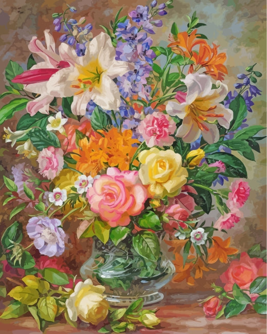 Rosas y Lirios y Flores Coloridas en Jarrón de Cristal Pintar por Números