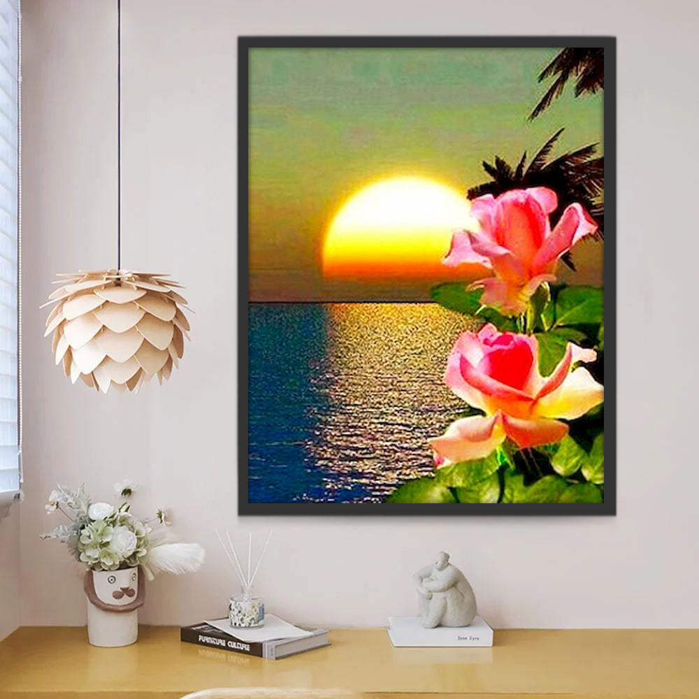 Rosas y Palmeras y Mar al Atardecer Pintar por Números