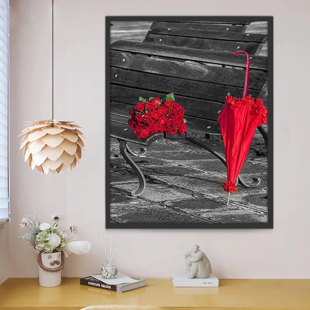 Rosas y Paraguas Rojo y Banco Pintar por Números