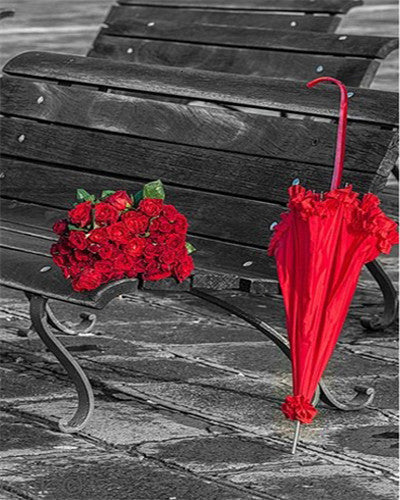 Rosas y Paraguas Rojo y Banco Pintar por Números