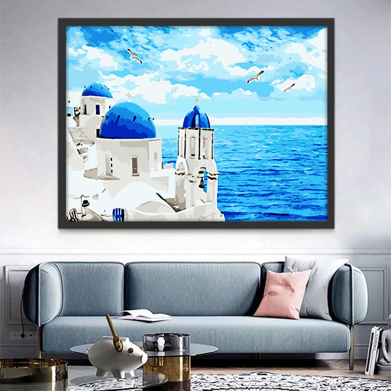 Santorini y Mar Azul con Gaviotas Pintar por Números